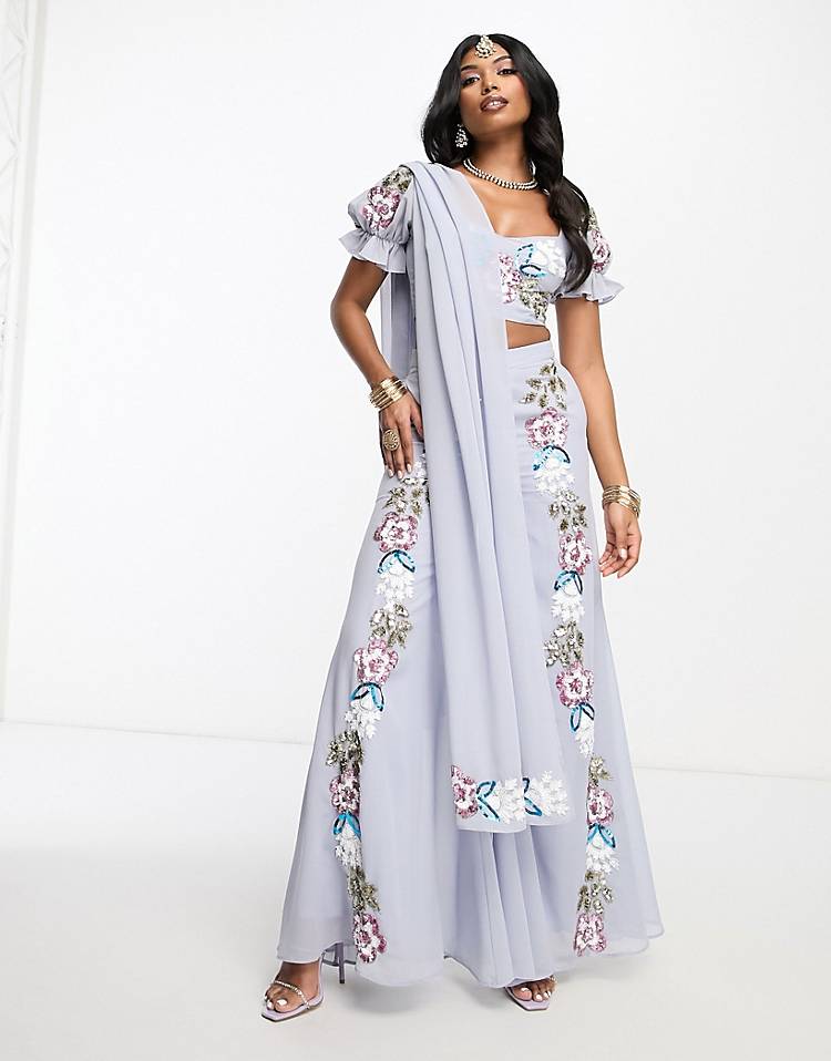 Maya contrast floral embellished lehenga pants, scarf and crop top in pale blue